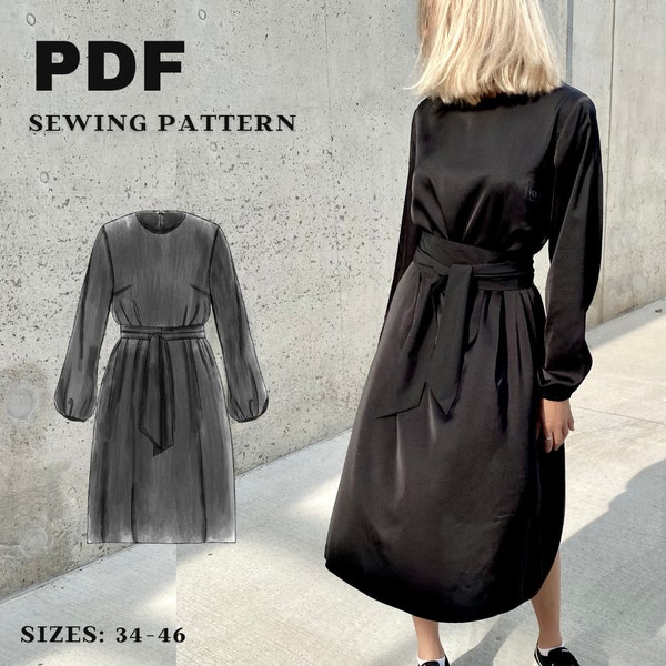 Long elegant dress PDF sewing pattern, Puff sleeves dres sewing pattern, A line dress digital pattern,