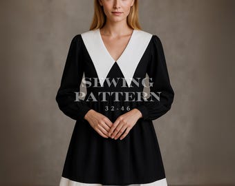 A-Line Dress with Puff Sleeves and Contrast Collar - PDF Sewing Pattern