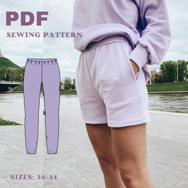 Pantalon de jogging taille haute et short de survêtement PDF Patrons de couture, patron de couture de pantalon confort, avec poches, éponge française, pantalon de survêtement