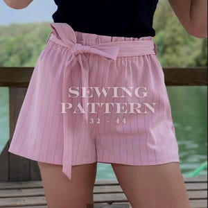 Modello di cucito PDF per pantaloncini a vita alta in carta, modello di pantaloncini alla moda con cintura e tasche, dolci e femminili