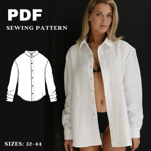 Modèle de couture PDF de chemise classique surdimensionnée unisexe - Modèle de couture numérique de chemise facile