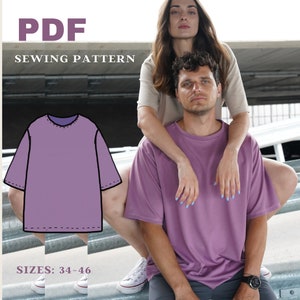 Patrón de costura de camisetas oversize unisex PDF Patrón de camisetas imprimibles con detalle de cuello, Patrón de camisetas de moda y PDF de camisetas fáciles