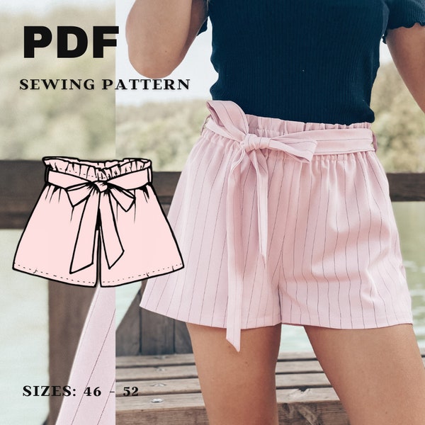 High Waist Paper-bag shorts PDF sewing pattern, Girly and sweet Belted trendy shorts Pattern with Pockets