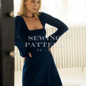 Square Neck Dress Sewing Pattern - Flared Sleeve Mini Dress PDF, Sizes 32-46 (EU)