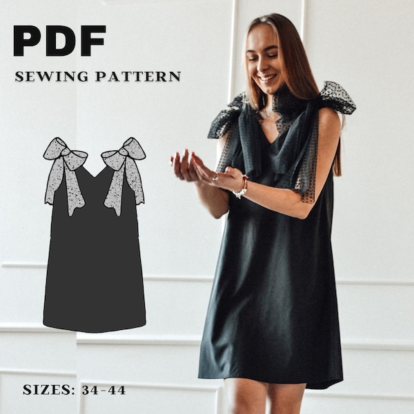 Dress with tulle ribbons PDF Sewing Pattern, A-line Dress Download Pattern, Reversible dress, V Neck Dress Sewing Pattern