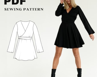 Sexy wrap dress PDF sewing pattern, Short elegant dress digital pattern