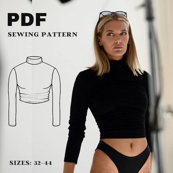 Patrón de suéter de cuello alto ajustado, patrón de costura de suéter de manga larga, patrón de suéter en forma, descarga instantánea