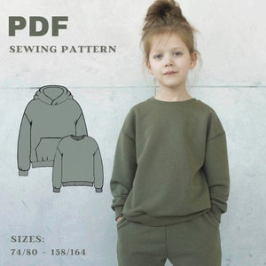 Kids Hoodie Sewing Pattern, PDF Printable Hoodie Pattern with neck rib detail for children's, Jumper Sewing Pattern, Trendy Jumper Pattern