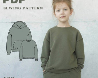 Kids Hoodie Sewing Pattern, PDF Printable Hoodie Pattern with neck rib detail for children's, Jumper Sewing Pattern, Trendy Jumper Pattern