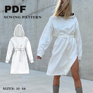 Hoodie dress PDF sewing pattern, Oversize long dress with belt sewing pattern