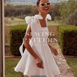 Dress with wide ribbons on shoulders pdf sewing pattern, formal linen dress sewing pattern