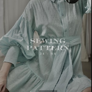 Puff Sleeve Shirred Shirt Dress with Collar PDF Sewing Pattern Digital Pattern