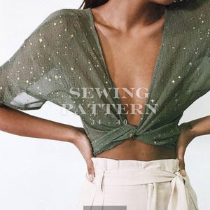 Twist Front Crop Top Sewing Pattern - Deep V-Neck Kimono Sleeve Blouse PDF, Sizes 34-40 (EU)