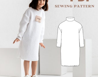 Girl's oversize long dress PDF Sewing Pattern, PDF Printable casual turtleneck dress pattern