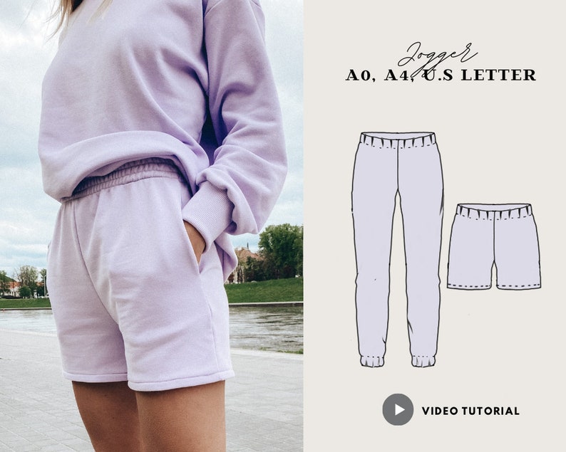 High Waist Jogger Trousers and Sweat Shorts PDF Sewing Patterns, Comfort Trousers Sewing Pattern, with Pockets, french terry, sweat pants 