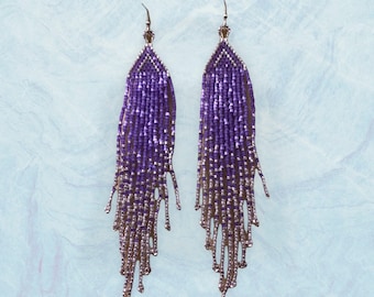 Silver/purple fringe beaded earrings or neon pink/black fringe beaded earrings