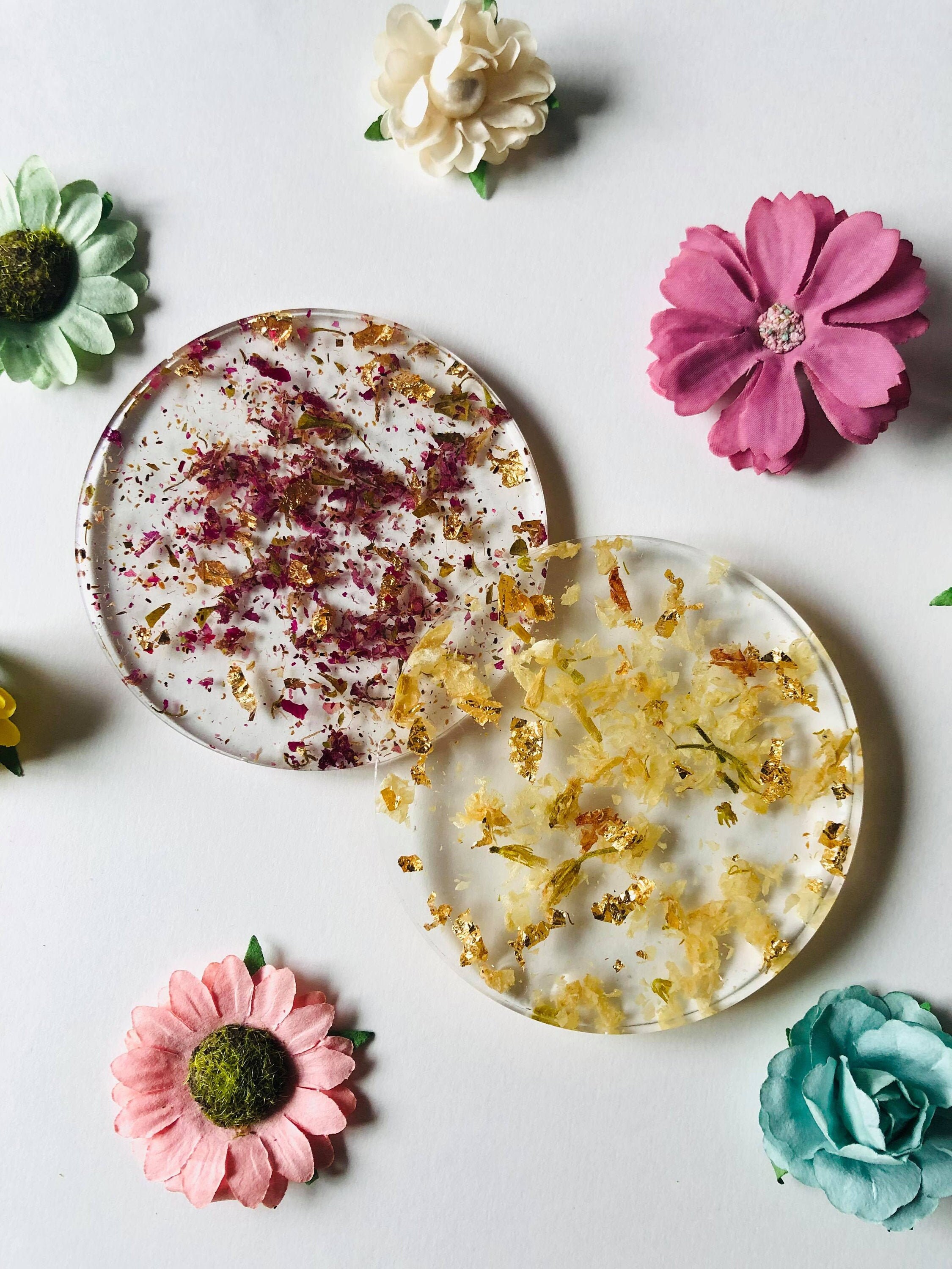 Dessous de Verre - Sous en Résine | Fait Main Incrusté Feuilles d'or et Fleurs Séchées Personnalisab