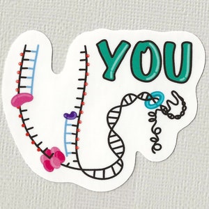 May include: A white sticker with a green "YOU" in a bubble font. The sticker features a stylized illustration of a DNA strand with a blue circle and a pink and purple jelly bean.