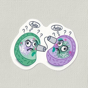 May include: Two green and purple cartoon cells with faces are connected by a string with two cans on the ends. The cells are both looking at each other with confused expressions. The text "hello" is written in a bubble above each cell. Question marks are drawn around the cells.