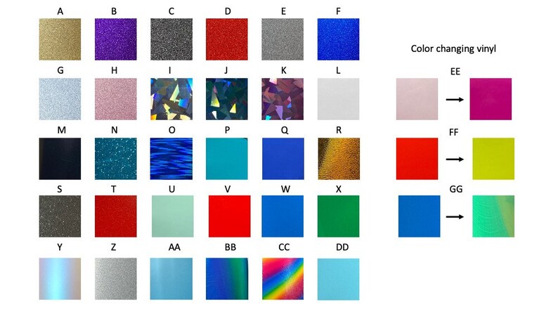 Może przedstawiać: Tabela z 26 r&oacute;żnymi kolorami winylu, w tym błyszczącymi, metalicznymi i tęczowymi wykończeniami. Tabela zawiera r&oacute;wnież trzy przykłady winylu zmieniającego kolor, kt&oacute;ry zmienia się z r&oacute;żowego na magenta, z czerwonego na ż&oacute;łty i z niebieskiego na turkusowy.