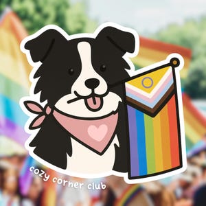 Autocollant imperméable pour chien Border Collie Drapeau de la fierté - Livraison gratuite au Canada ! Autocollant en vinyle Pride 2SLGBTQI+ pour bouteilles d'eau, ordinateurs portables et journaux
