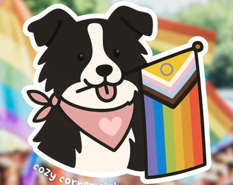 Pegatina impermeable con la bandera del orgullo y un perro Border Collie - ¡Envío gratis en Canadá! Pegatina de vinilo Pride 2SLGBTQI+ para botellas de agua, portátiles, agendas.