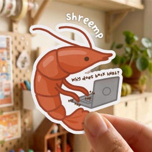 May include: A sticker depicting a cartoon shrimp with the word "shreemp" above it. The shrimp is using a laptop, with the text "why does back hurt?" displayed. The sticker has a white border.