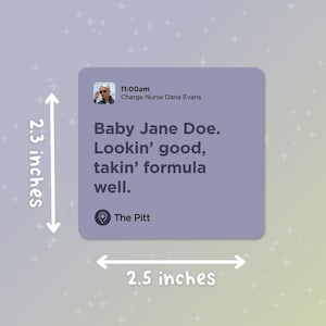 Puede incluir: Una pegatina cuadrada, de aproximadamente 6,35 cm de ancho y 5,84 cm de alto, con el texto "Baby Jane Doe. Lookin' good, takin' formula well." La pegatina tambi&eacute;n incluye el texto "The Pitt" y una foto.
