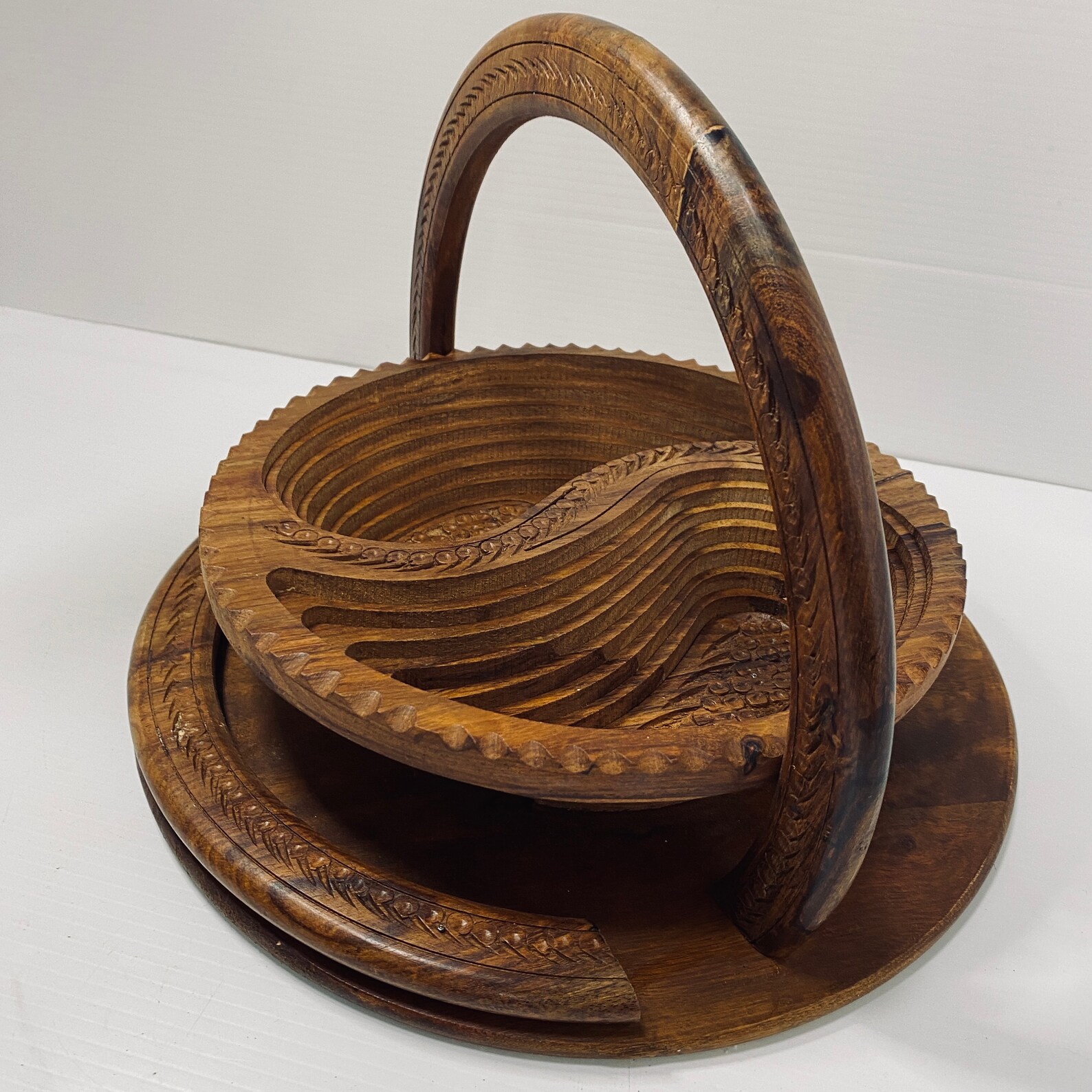 Vintage Collapsible Wooden Basket to Trivet Hand Carved Lolly Etsy