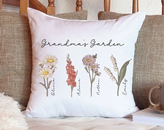 Personalisiertes Gartenkissen für die Oma mit Namen der Enkelkinder Geburtsblumenkissengeschenk für Nana-Mamas-Garten-angepasstes Muttertagsgeschenkkissen