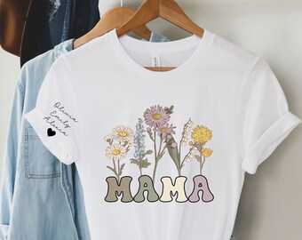 Personalisiertes Mama-Shirt mit Kindernamen auf dem Ärmel, Geschenk für Mama, personalisiertes Geburtsblumen-Shirt, Geschenk für Muttertag, Geschenk für Oma, Mama-T-Shirt