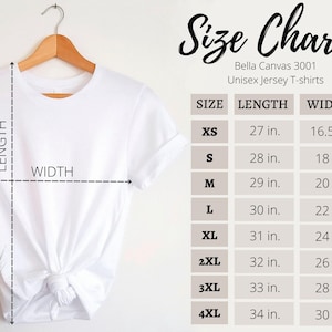 May include: Size chart for Bella Canvas 3001 unisex jersey t-shirts. The chart shows the length and width in inches for sizes XS to 4XL.