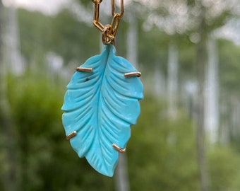 Kingman Turquoise Leaf Necklace: 14k Gold Vermeil Paperclip Chain