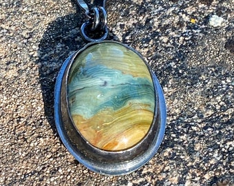 Larsonite Jasper Pendant Necklace: Earth Toned Sterling Silver Chain