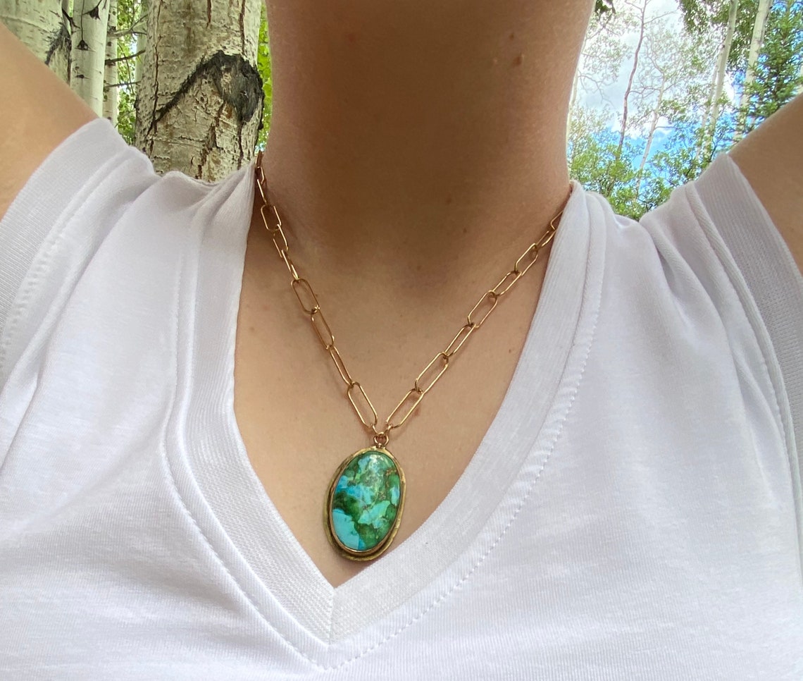 Turquoise and Gold Pendant Necklace, Turquoise Necklace, Genuine
