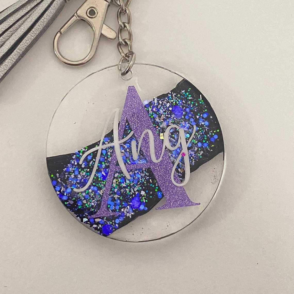 Personalised Glitter Keychain Purple Black and Silver Etsy
