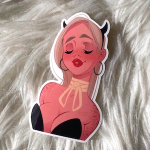 Flirty Devil Pin-Up Vinyl Sticker – Glossy & Waterproof