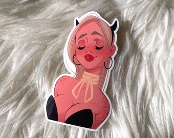Flirty Devil Pin-Up Vinyl Sticker – Glossy & Waterproof