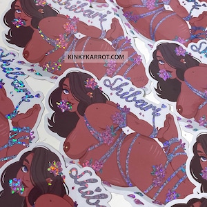 May include: A set of stickers featuring a woman with brown skin tied up with purple rope and flowers. The stickers have a white background with the word "Shibari" written in purple.