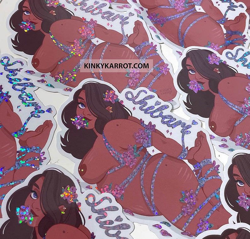 May include: A set of stickers featuring a woman with brown skin tied up with purple rope and flowers. The stickers have a white background with the word "Shibari" written in purple.