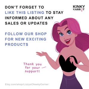 May include: A cartoon illustration of a woman with pink hair, wearing a black top and purple pants. The text "DON'T FORGET TO LIKE THIS LISTING TO STAY INFORMED ABOUT ANY SALES OR UPDATES FOLLOW OUR SHOP FOR NEW EXCITING PRODUCTS Thank you for your support! Etsy.com/shop/LizzysCheekyCorner KINKY KARROT" is visible in the image.