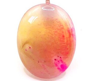 Orange & Pink Onyx Oval Agate Cabochon Pendant Necklace And 925 Silver Chain