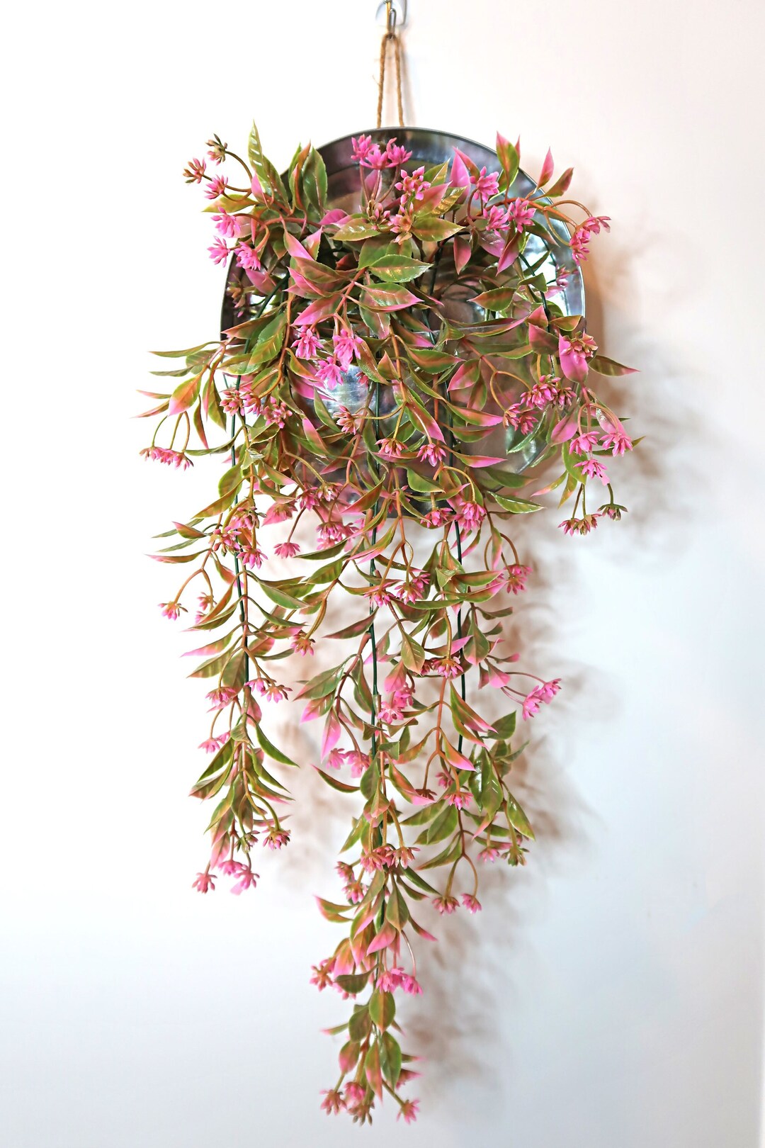 Pink Hanging Flower Arrangement in Vintage Rustic Tin Summer & Spring