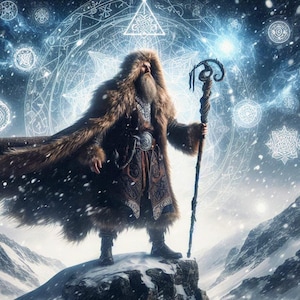 Può includere: Un uomo con un lungo cappotto di pelliccia marrone e un cappello si trova in cima a una montagna innevata. Tiene in mano un bastone di legno con la cima curva. Lo sfondo presenta un motivo bianco vorticoso e neve che cade.