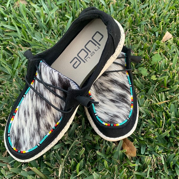 Cowhide Beaded Hey Dudes