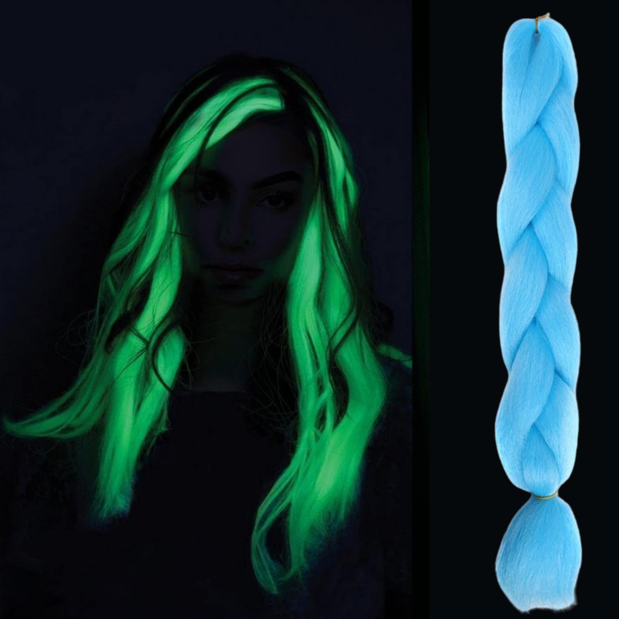 24'' Sky Blue Glowing in the Dark Jumbo Braid Synthetic Hair 100g  Fluorescent Shining in the Darkness Hair Festival Glow Hair 