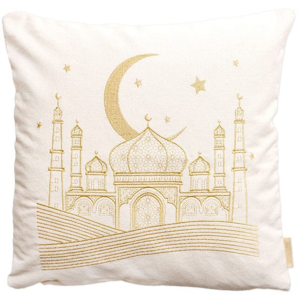 Mosque Masjid Linen Cushion Cover With Gold Embroidery For Home Decor Nursery Gift Baby Shower Event Eid Ramadan Celebration Theme Party