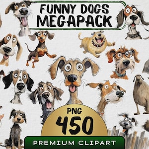 Funny Dogs Megabundle Clipart 450 Png, Cute Dogs Watercolor, Quirky Puppy Graphics, Angry Dog, Cartoon Animal, Digital Download Prints