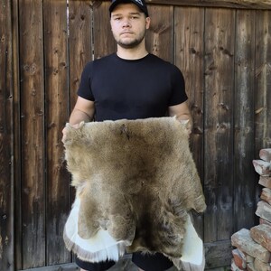 May include: A tanned animal hide with a brown and tan fur pattern. The hide has a lighter, off-white section with a fringe. The hide is being held up in front of a wooden background.