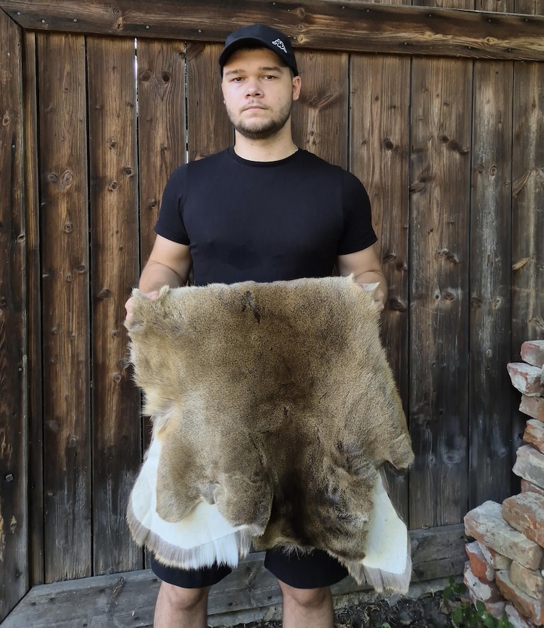 May include: A tanned animal hide with a brown and tan fur pattern. The hide has a lighter, off-white section with a fringe. The hide is being held up in front of a wooden background.